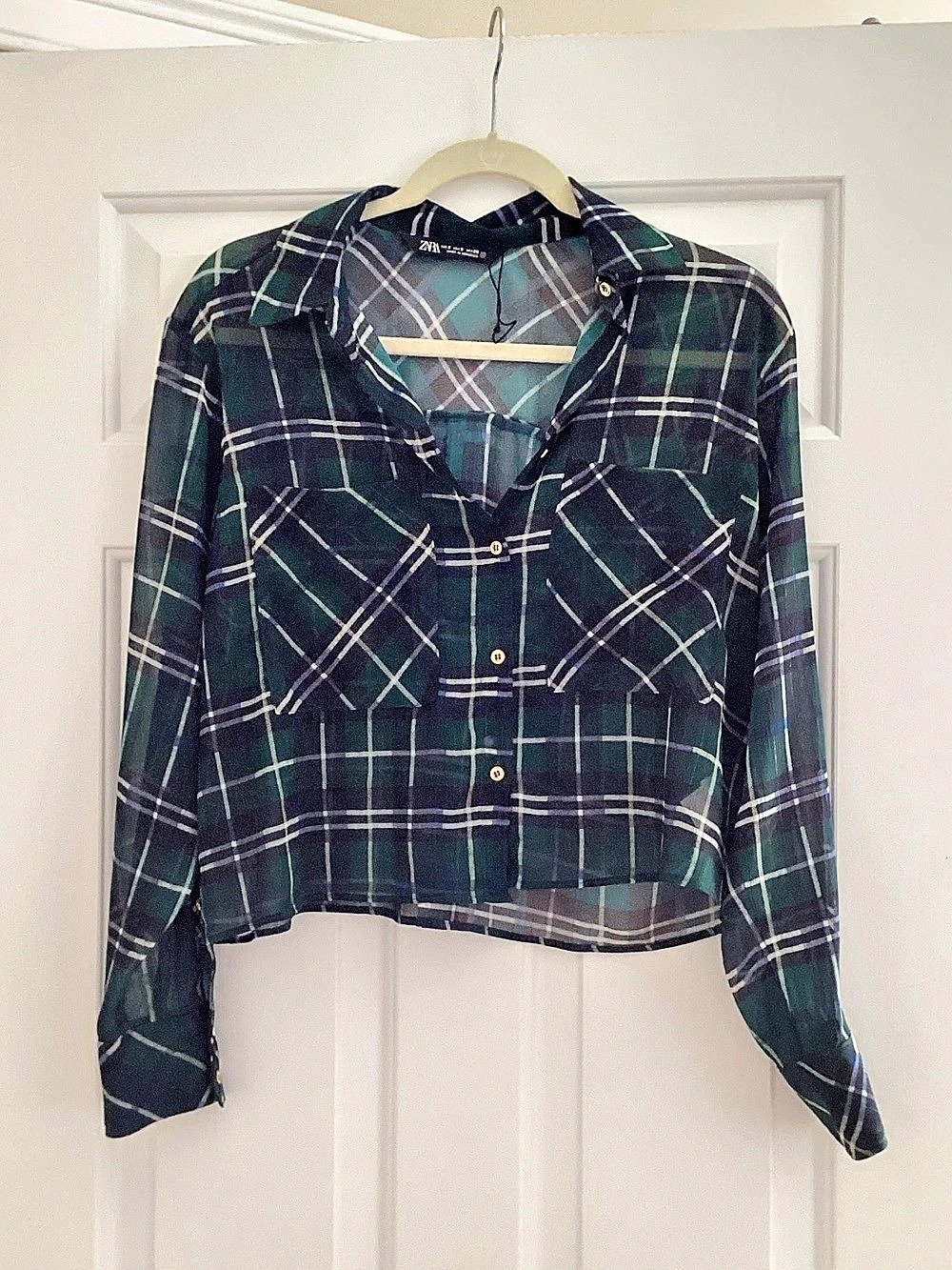 Zara Plaid Cropped Button-Down Green & White Medium